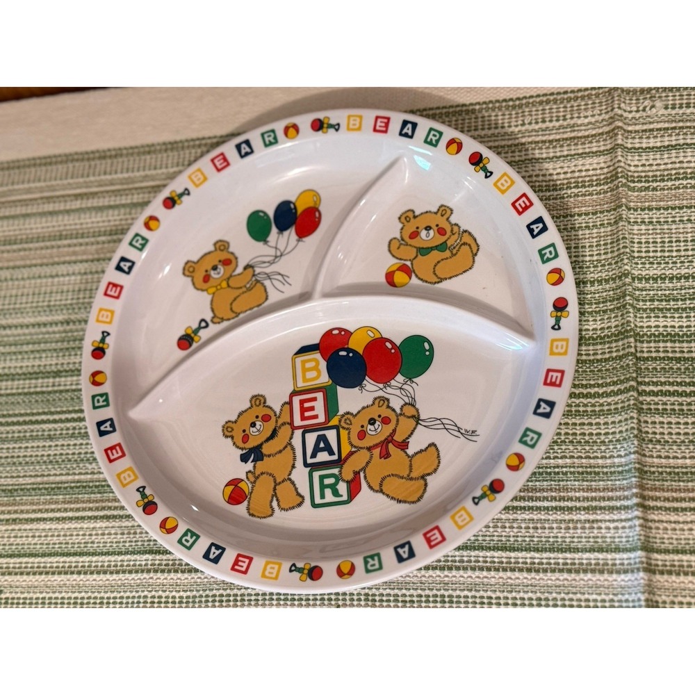 Vintage Style Kids Divided Plate Bears Alphabet Blocks‎ Balloons Melamine 10"